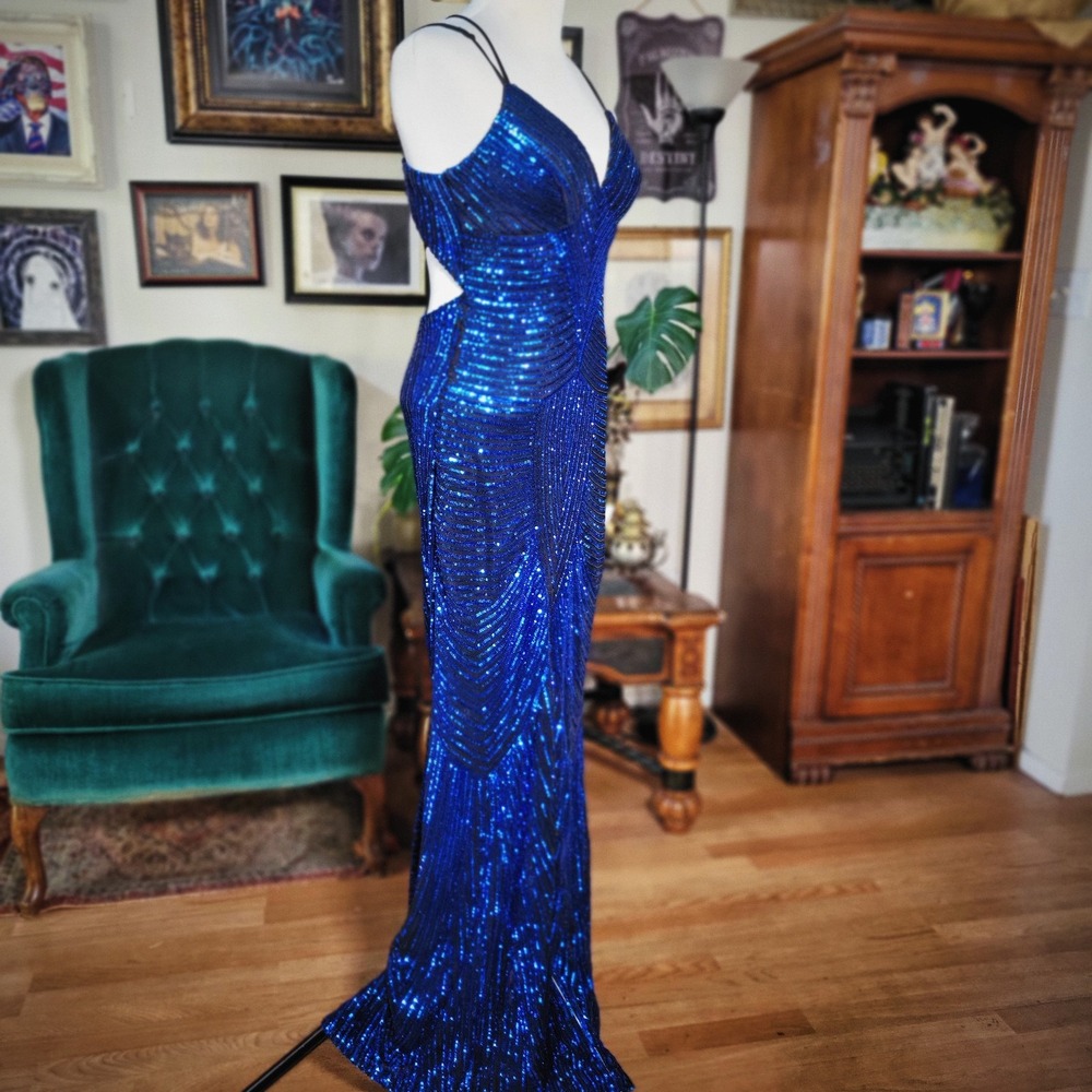 Windsor Royal Blue Sequin Gown Strappy Open Back Prom Evening Glam Maxi Dress - Picture 3 of 8